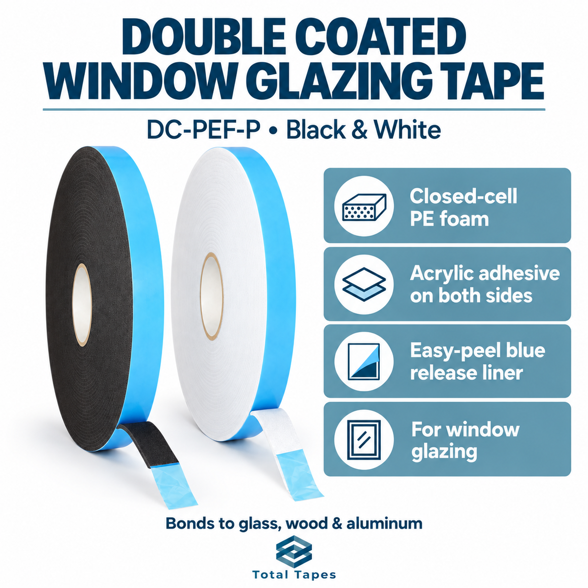 Double-coated glazing tape graphic showing black and white foam rolls