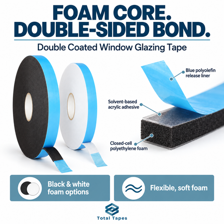 Glazing tape layer diagram showing blue liner, adhesive, and foam core