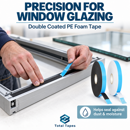 Illustration of blue release liner being peeled from glazing tape in a window frame