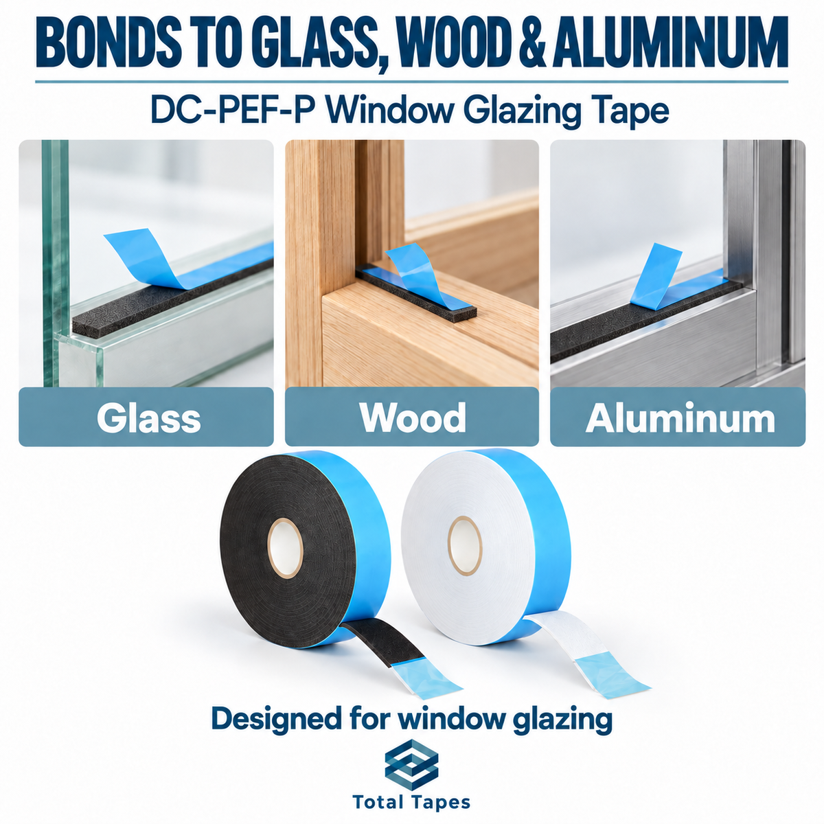 Glazing tape graphic showing application to glass, wood, and aluminum