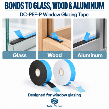Glazing tape graphic showing application to glass, wood, and aluminum