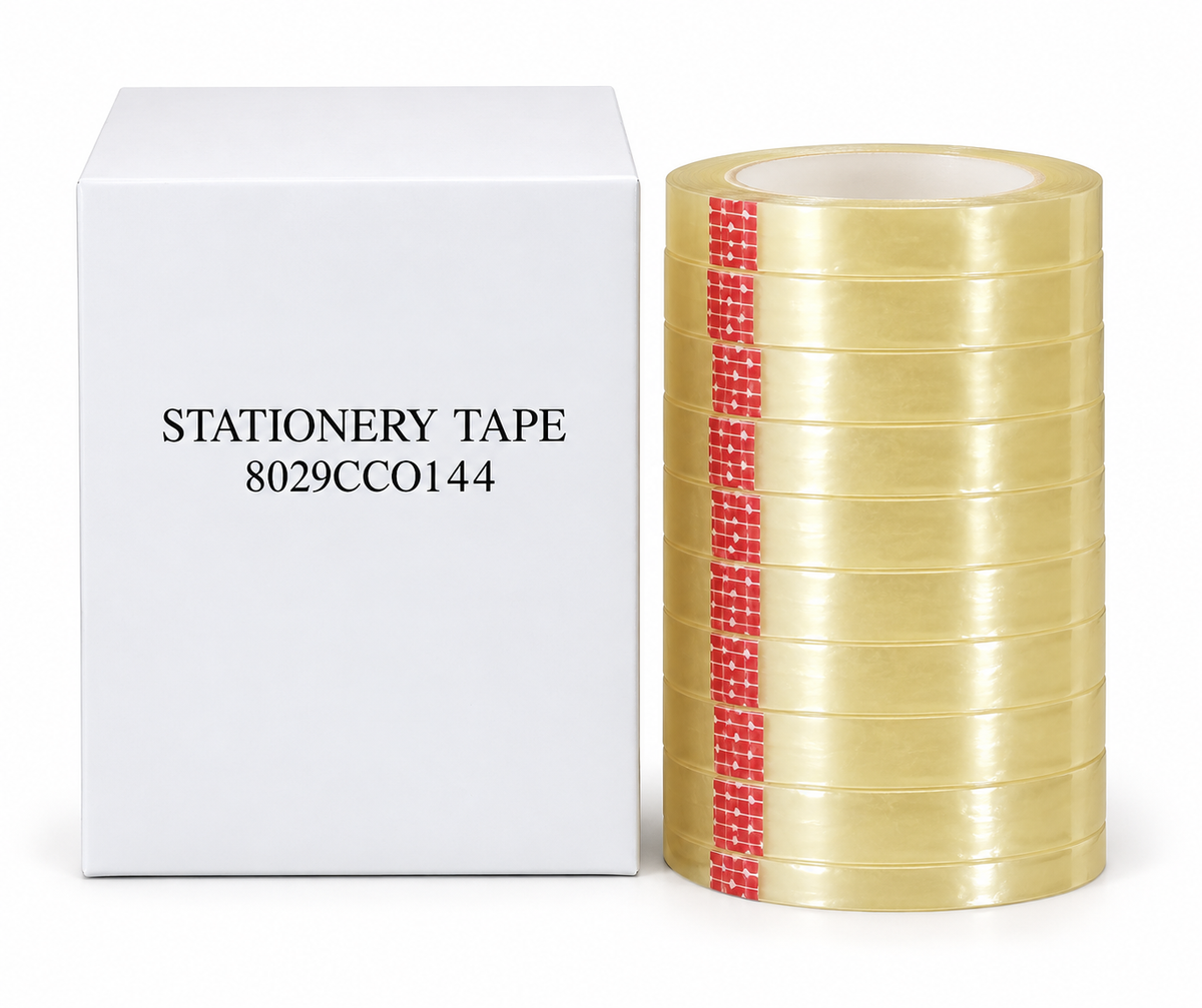 Stack of clear stationery tape rolls beside a labeled box