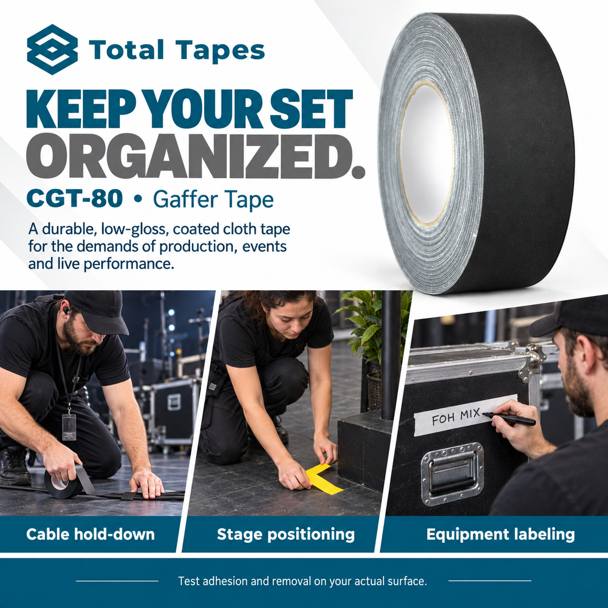 Illustrative gaffer tape uses for cables, stage positioning and equipment labeling