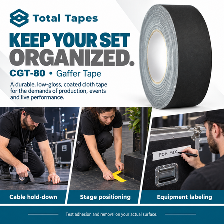 Illustrative gaffer tape uses for cables, stage positioning and equipment labeling