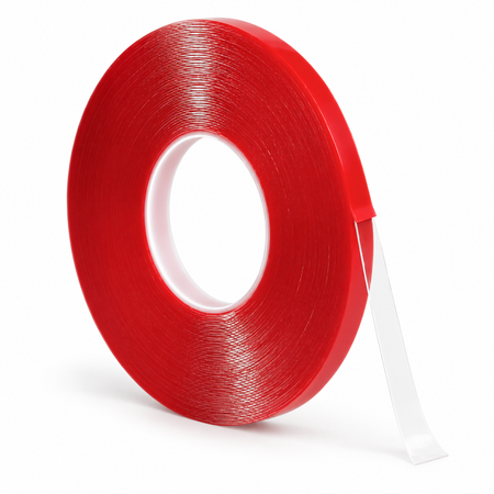 FA-UHB20C clear acrylic foam tape roll with red removable liner on white background