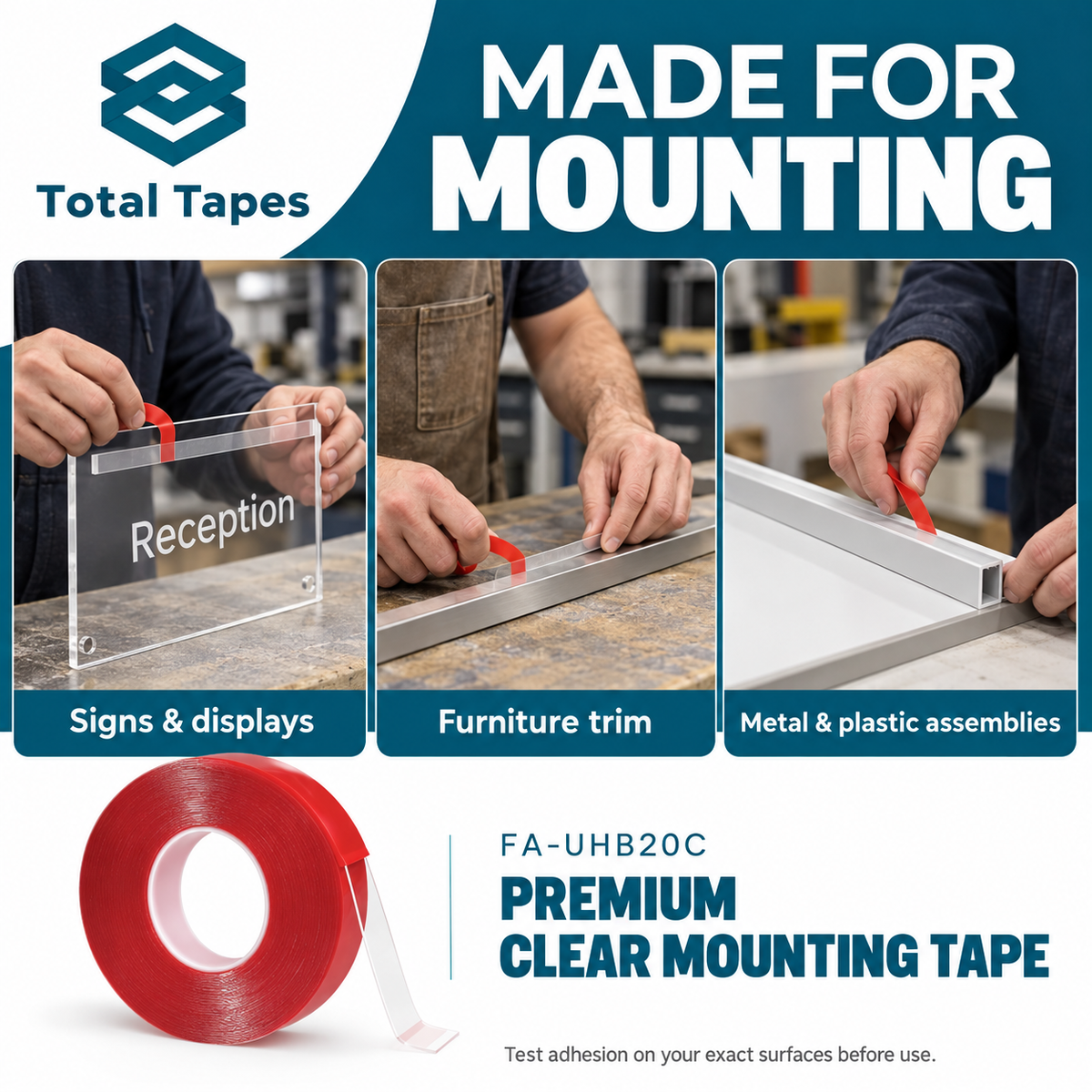 Illustrative uses of FA-UHB20C tape for signs, furniture trim and assemblies