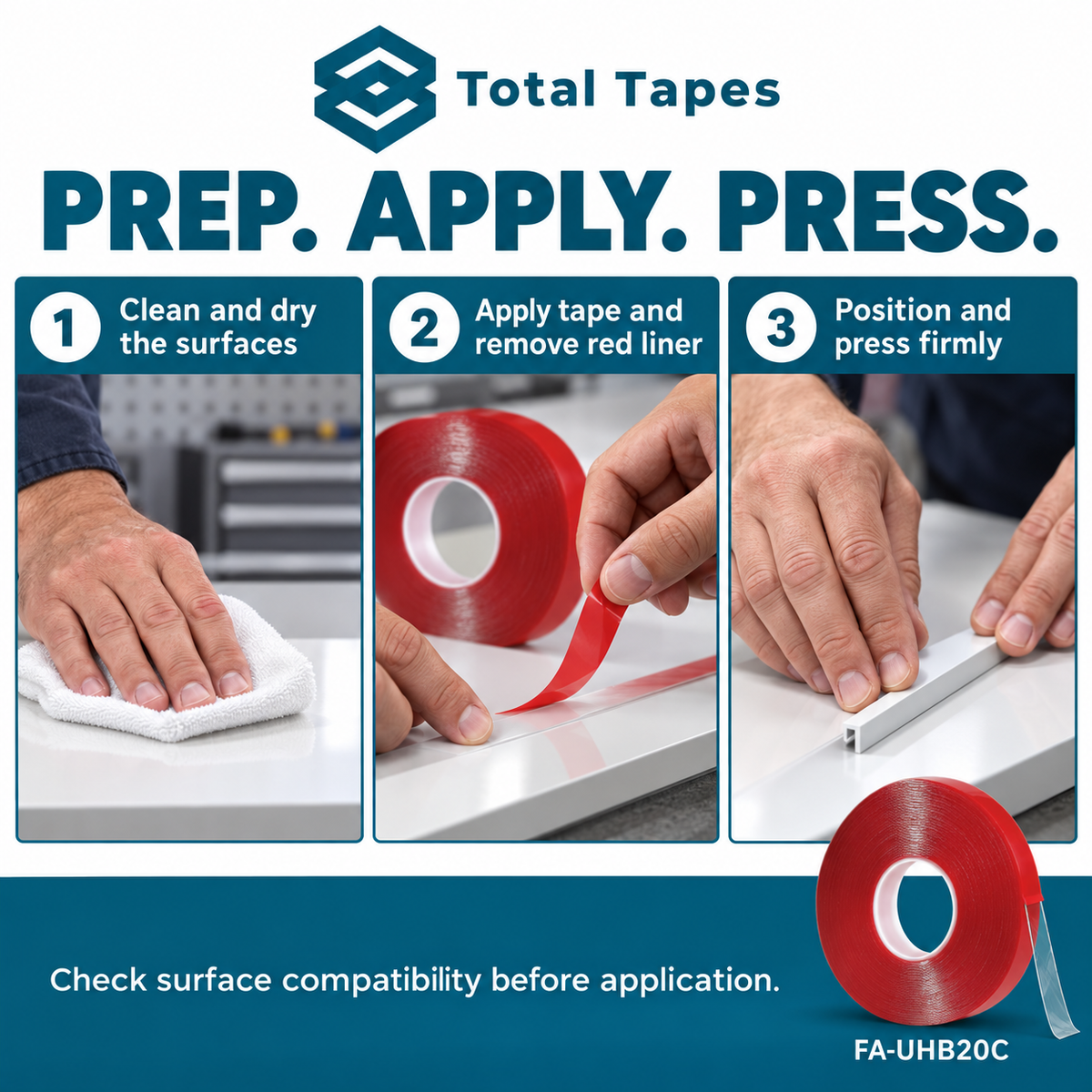 Illustrative three-step application guide for FA-UHB20C mounting tape