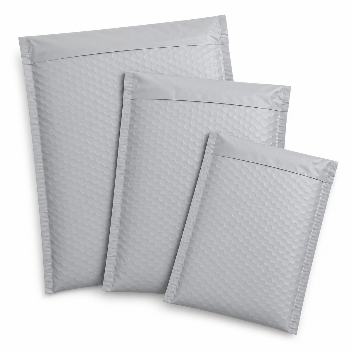 Light gray poly bubble mailers on white — representative product visualization
