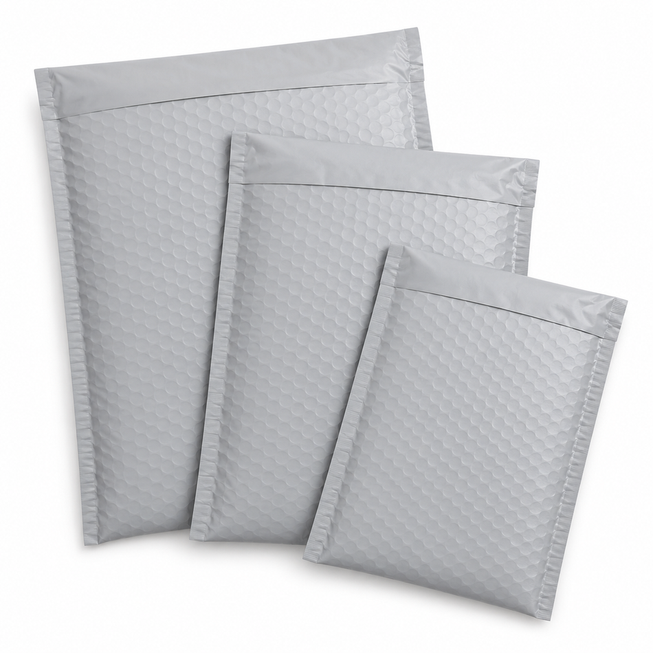 Light gray poly bubble mailers on white — representative product visualization